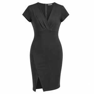 Cefian Black V-Neck Sheath Dress Short Sleeve Pleated Waist Slit D7683 LBD Sz-L